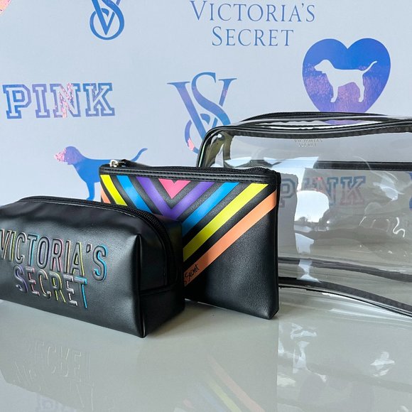 Victoria's Secret Rainbow Backstage 3 Piece Cosmetic/Makeup Cosmetic Bag Chevron - Picture 5 of 6
